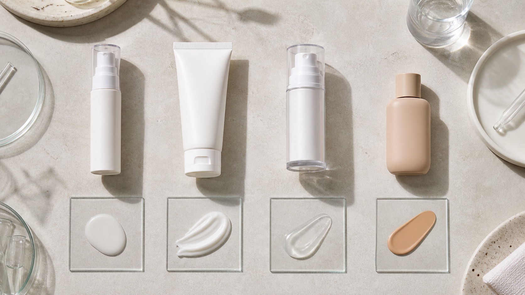 Quattro confezioni solari senza marchio con campioni separati di texture fluida, crema, gel-crema e formula colorata