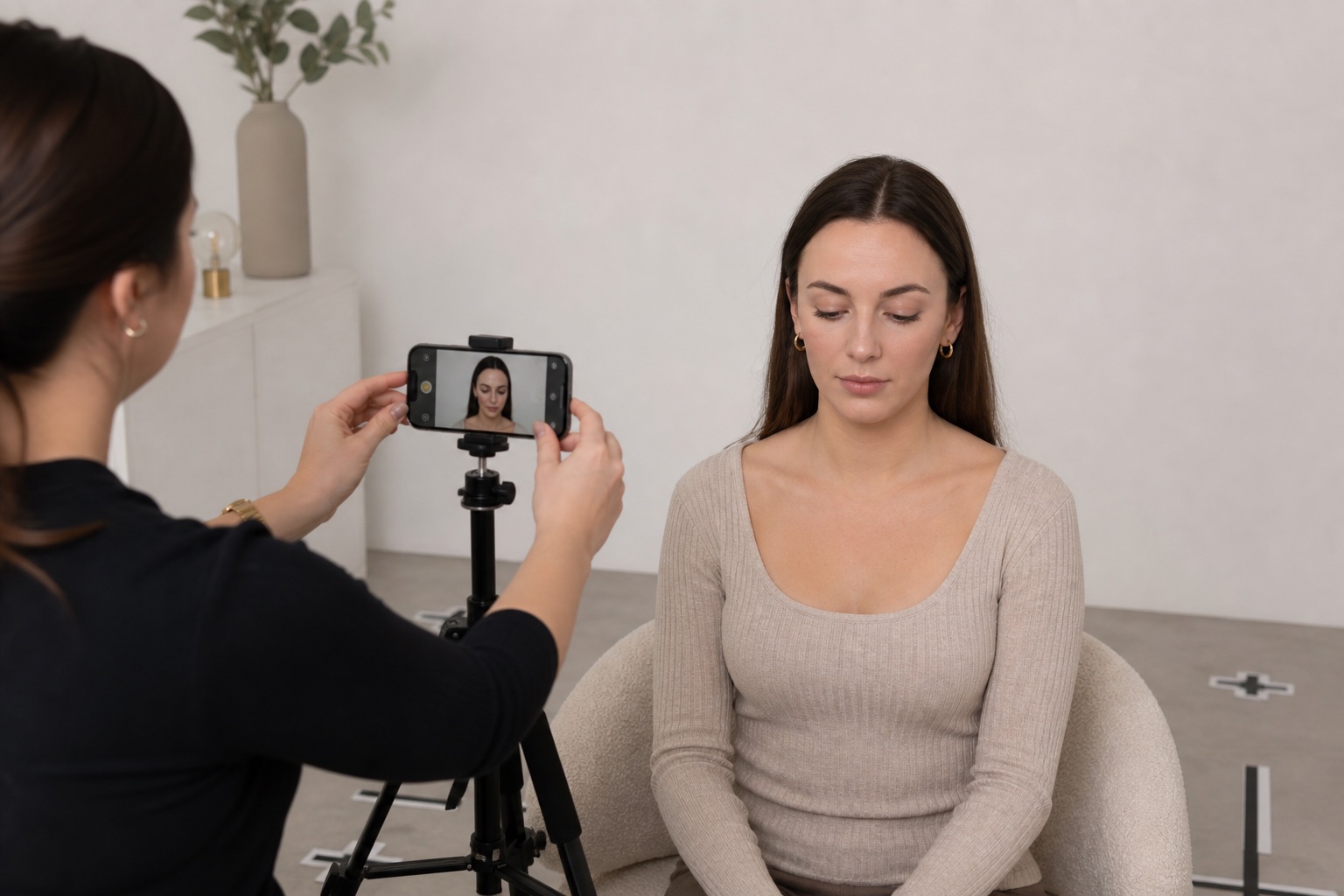 Lash maker allinea smartphone e cliente adulta per ripetere distanza e posa nel prima e dopo delle ciglia