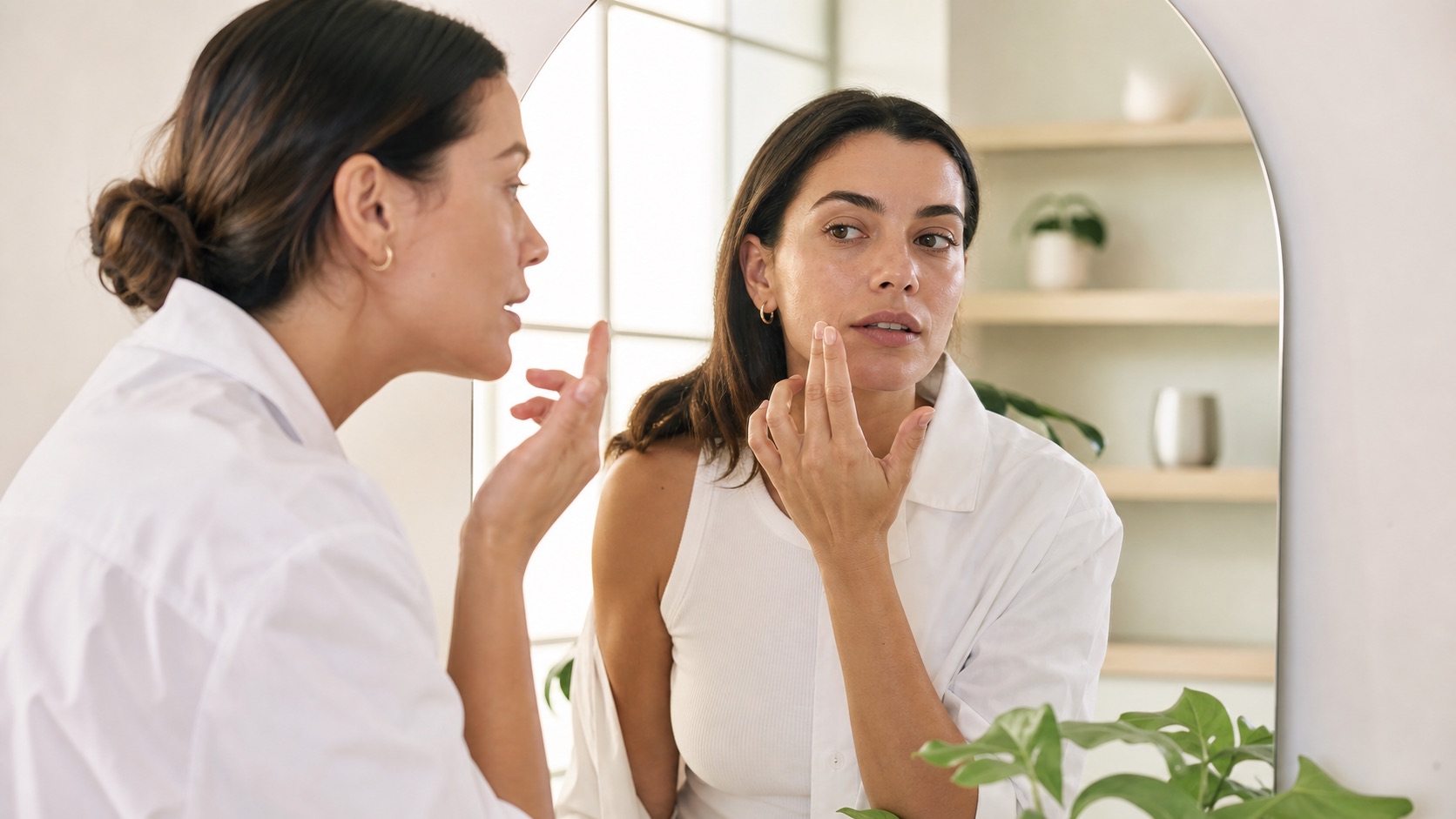 Professionista skincare e donna adulta osservano la zona del naso e della guancia in uno specchio senza spremere la pelle