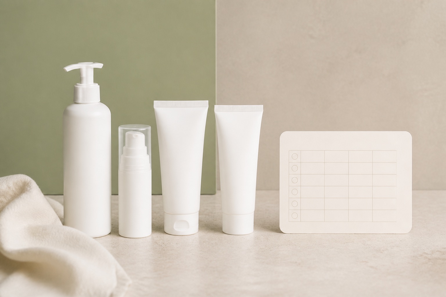 Detergente, trattamento leave-on, crema idratante e protezione solare senza marchio accanto a una scheda routine vuota