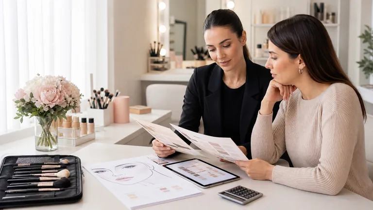 Due donne confrontano documenti e materiali di un corso make-up con una calcolatrice sul tavolo