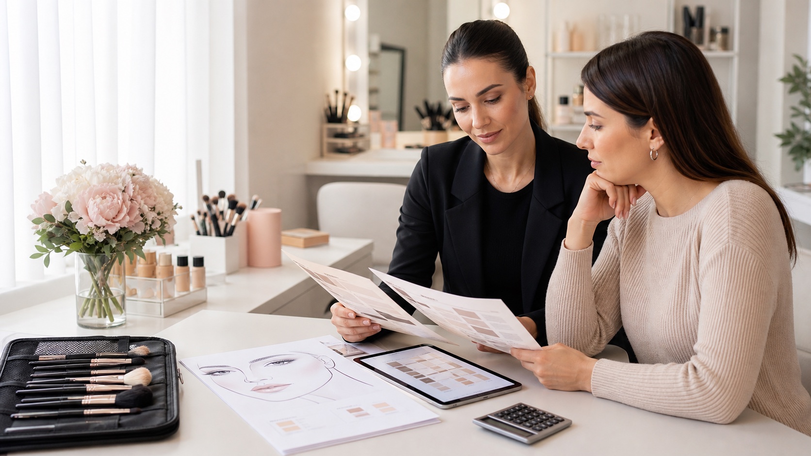 Allieva adulta e docente confrontano programmi di corsi make-up, calendario, kit e costi in un’accademia luminosa