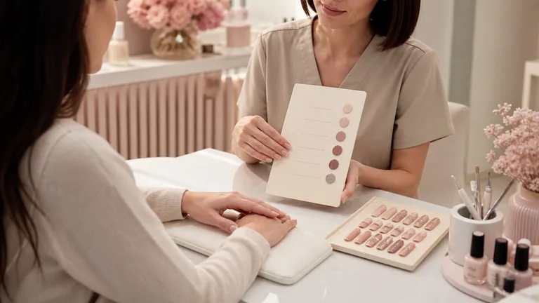 Una professionista mostra alla cliente campioni di colori e decorazioni per le unghie