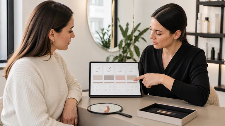 Cliente e professionista confrontano opzioni e calendario dei trattamenti ciglia