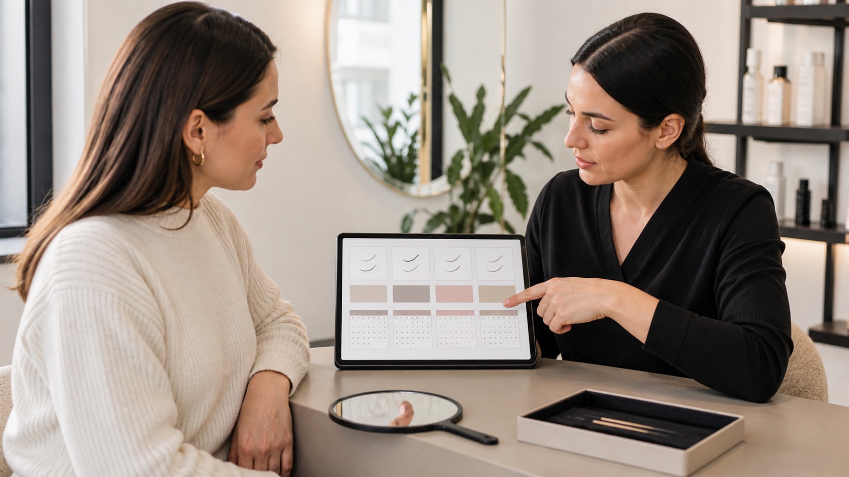 Cliente adulta e lash artist confrontano opzioni e calendario di extension e laminazione ciglia in uno studio luminoso