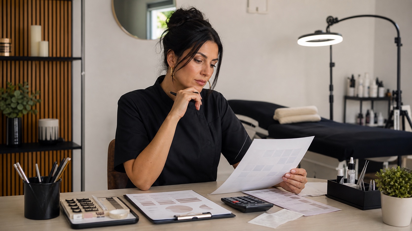Lash maker adulta analizza agenda, costi e capacità della propria postazione professionale