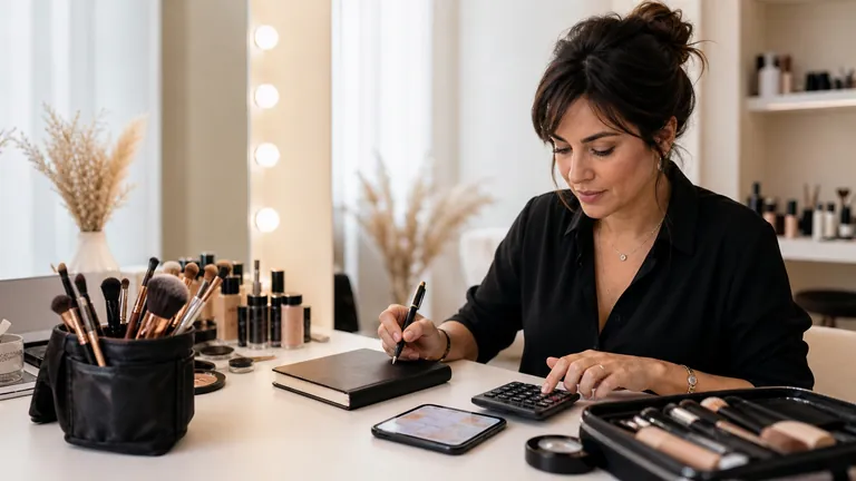 Make-up artist con agenda, calcolatrice e kit nella propria postazione di lavoro