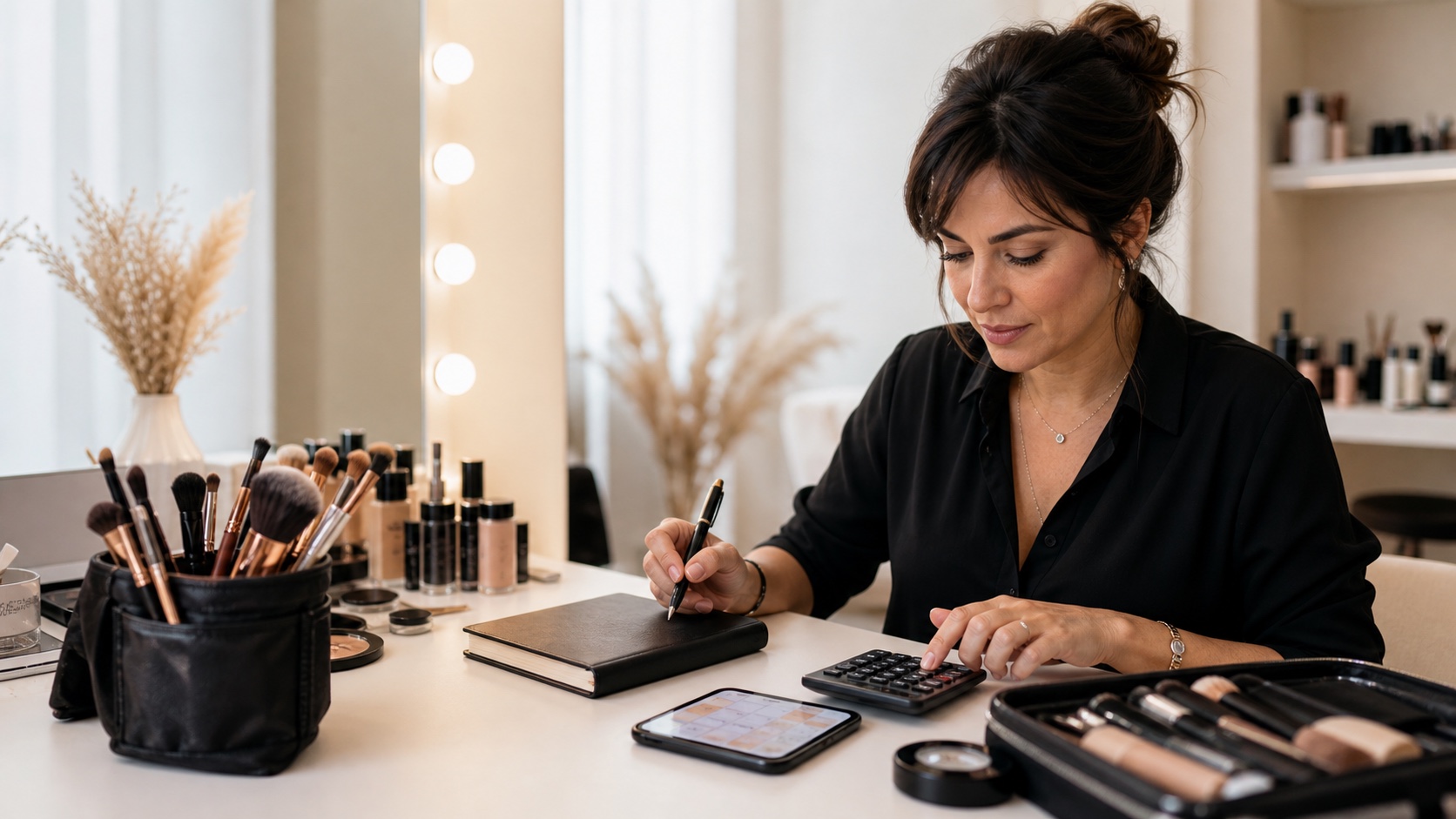 Make-up artist adulta analizza agenda, servizi e costi nella propria postazione professionale nel 2026