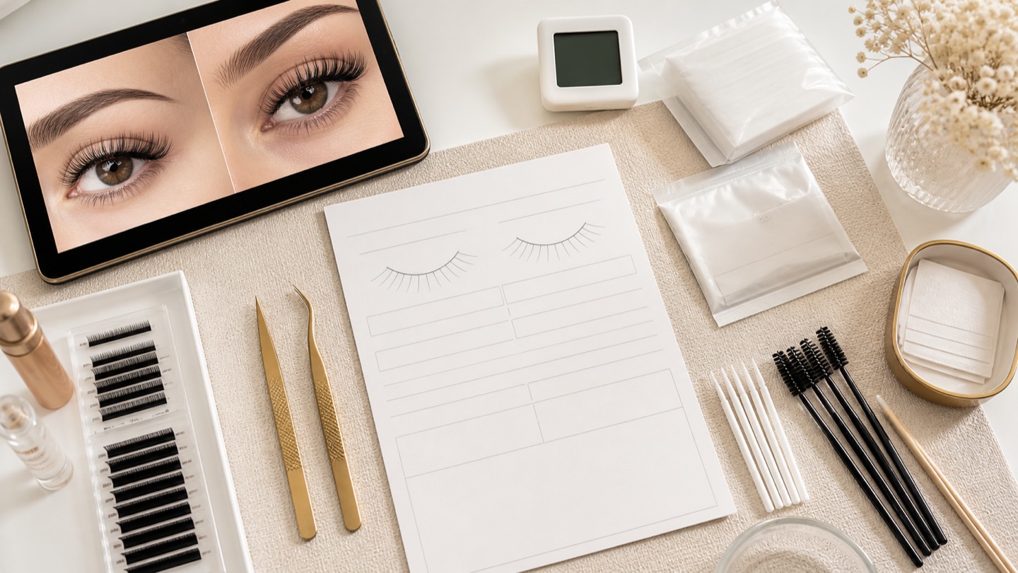 Postazione professionale con scheda cliente, fotografie di confronto, lash map, pinzette e strumenti per documentare il refill