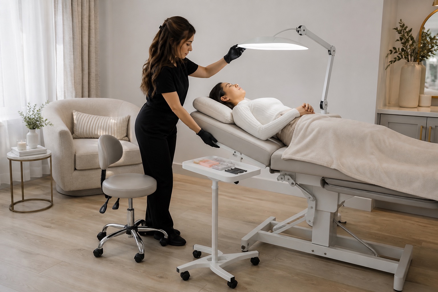 Lash maker adulta regola lettino, lampada, seduta e vassoio prima del servizio su una cliente adulta