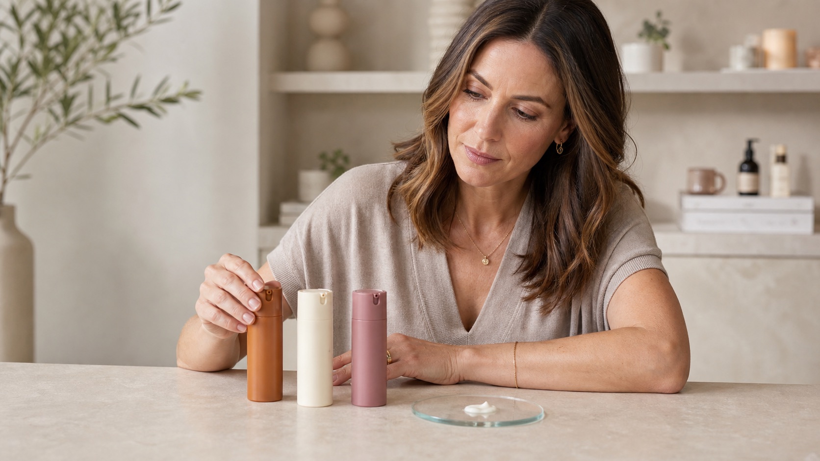 Professionista skincare confronta tre confezioni cosmetiche opache e senza marchio in uno studio neutro