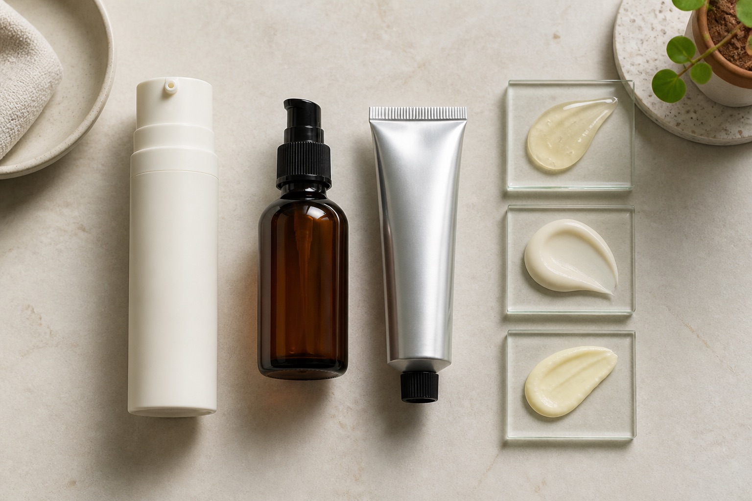 Tre confezioni cosmetiche opache e senza marchio con diverse texture su supporti di vetro, viste dall’alto