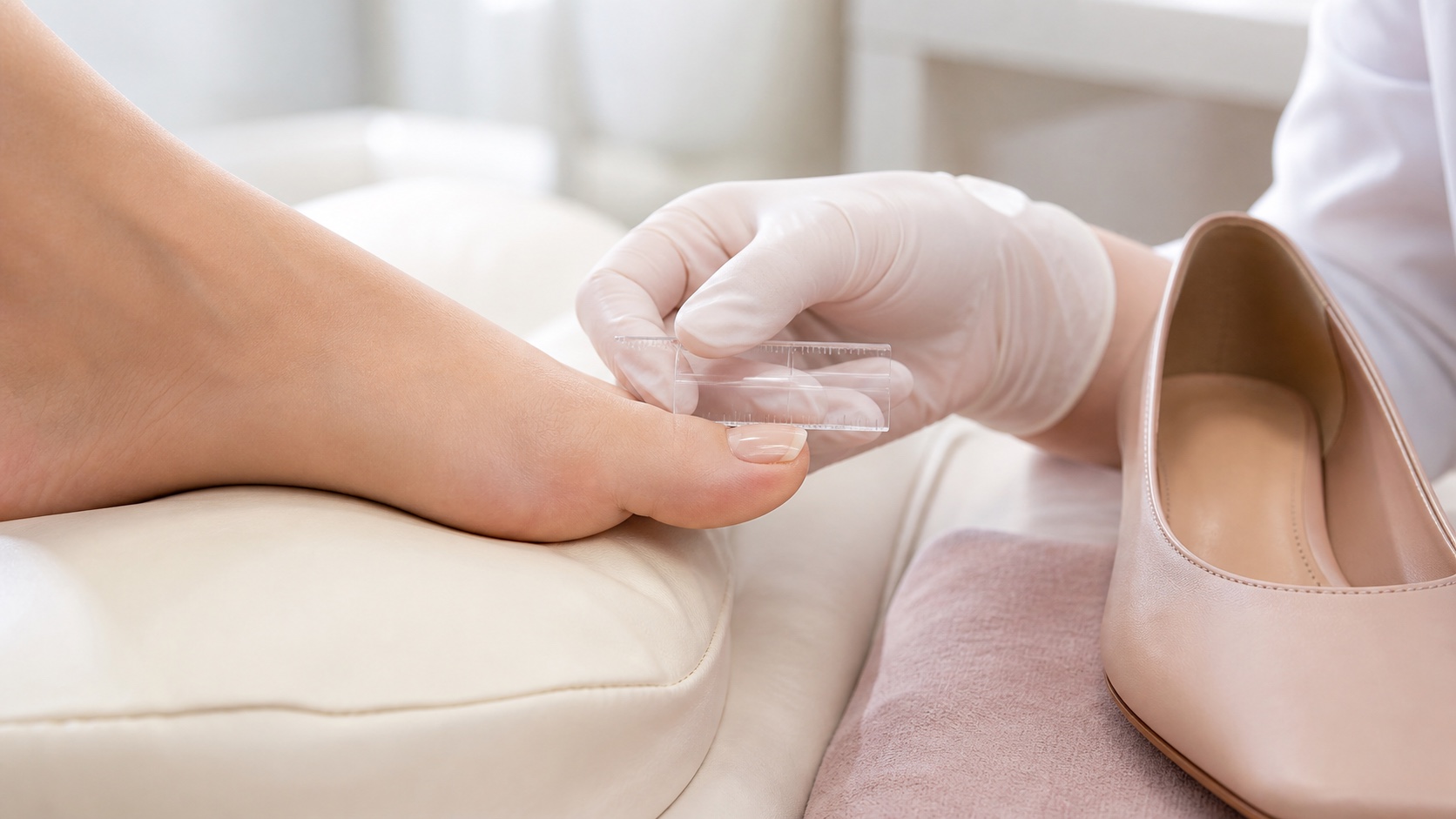 Professionista controlla il profilo sottile di una ricostruzione estetica dell’alluce accanto a una scarpa chiusa