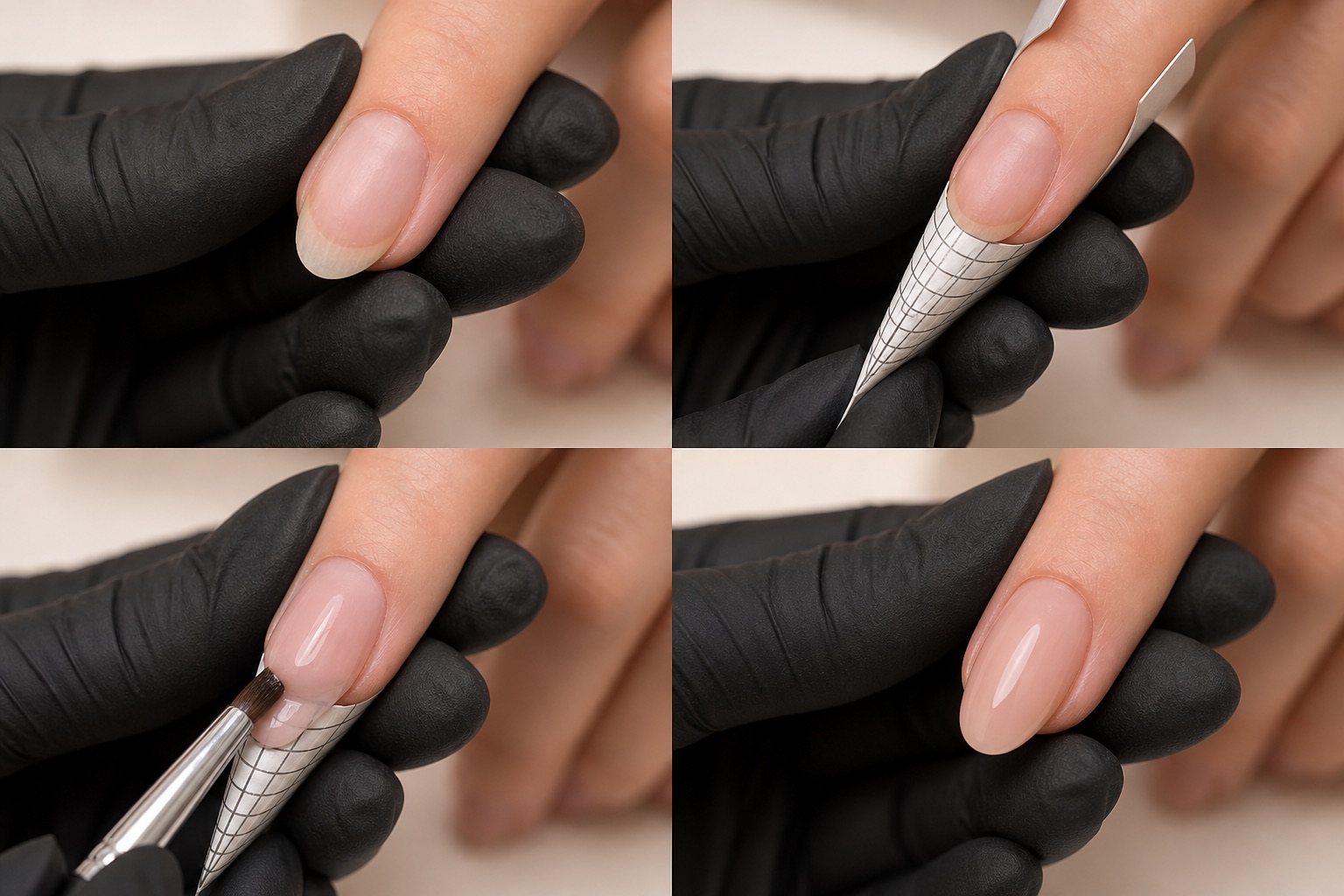 Professional gel nail extension sequence from support placement and builder application to filing and finishing