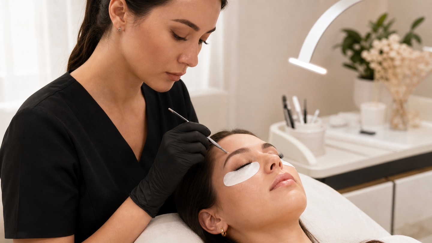 Lash artist adulta esegue una rimozione professionale delle extension su cliente adulta con occhi chiusi e protezioni pulite