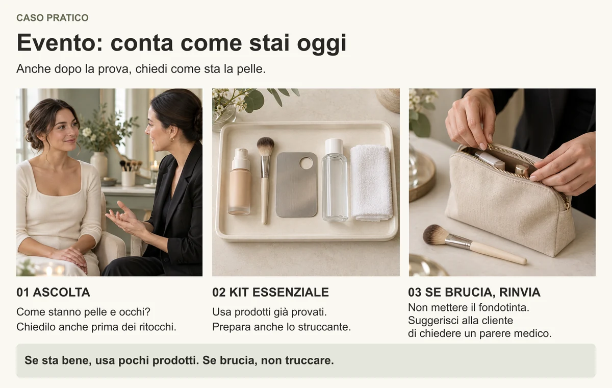 Tre scene: una professionista parla con la cliente, prepara pochi prodotti e richiude il kit quando la pelle dà fastidio.