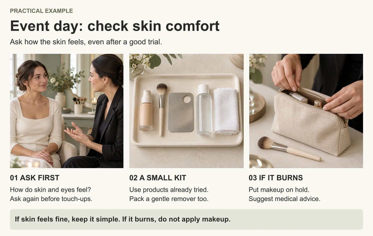 Three scenes: a makeup artist talks with the client, prepares a small kit and closes it when the skin feels uncomfortable.