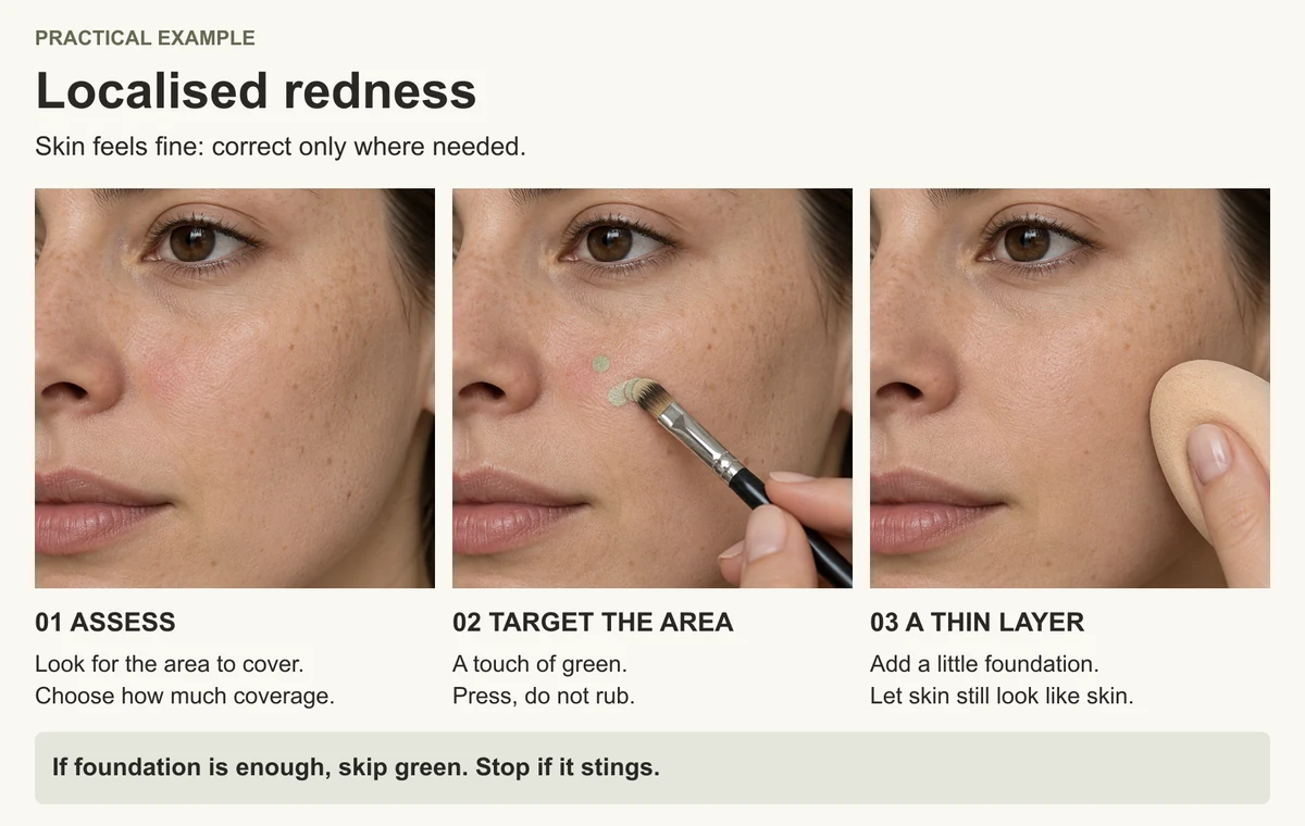 Three views of the same cheek: visible redness, a touch of green corrector and a light layer of foundation.