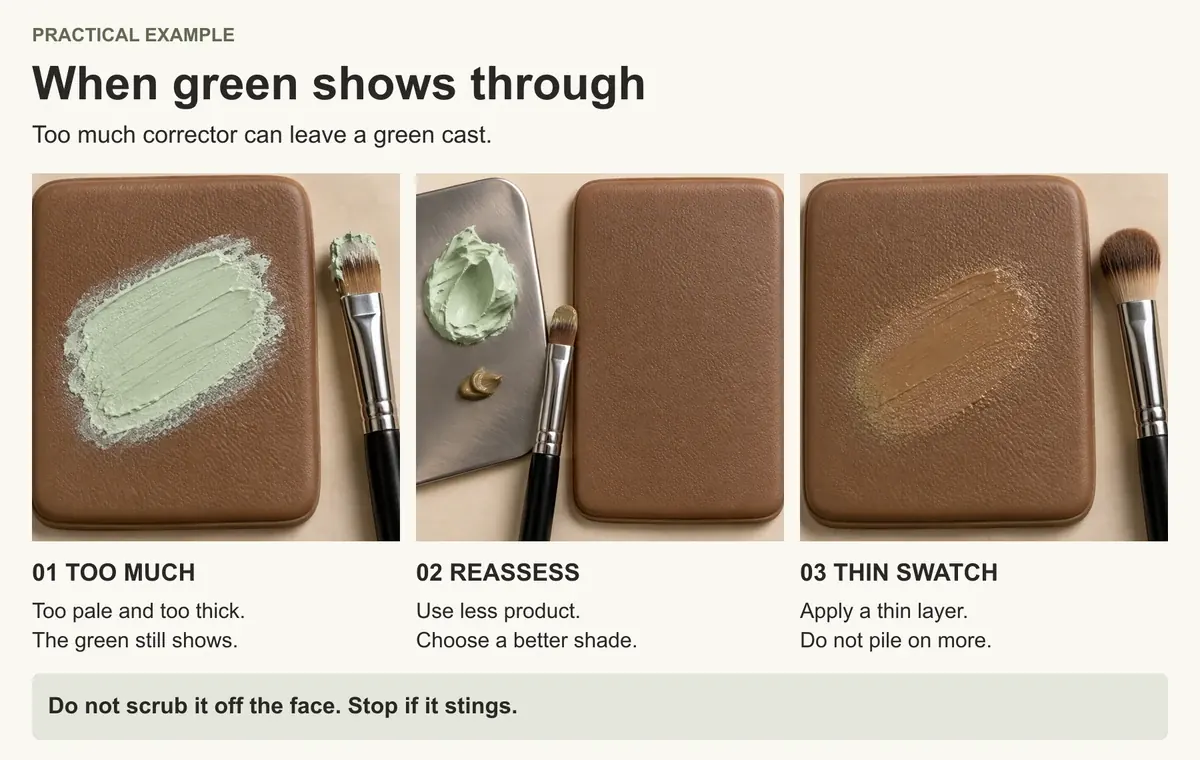 On a practice surface: too much pale green corrector, a smaller amount on a palette and a thin swatch.