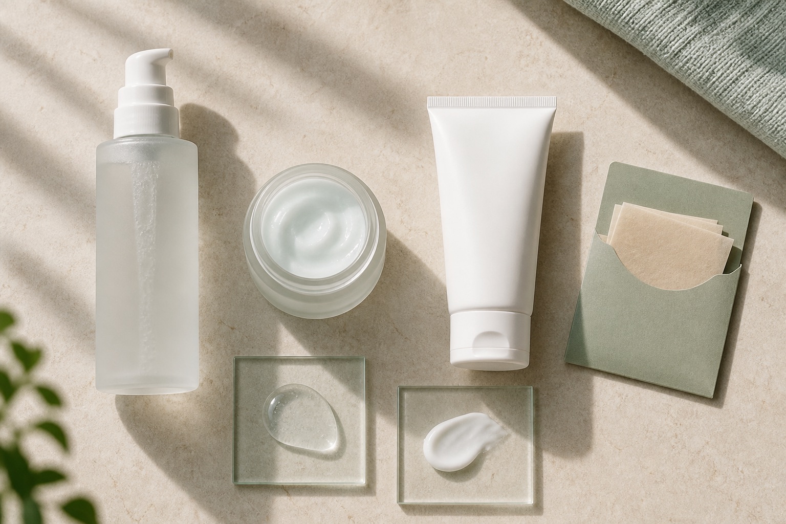 Detergente delicato, gel-crema, protezione solare e cartine assorbenti senza marchio disposti su un piano chiaro