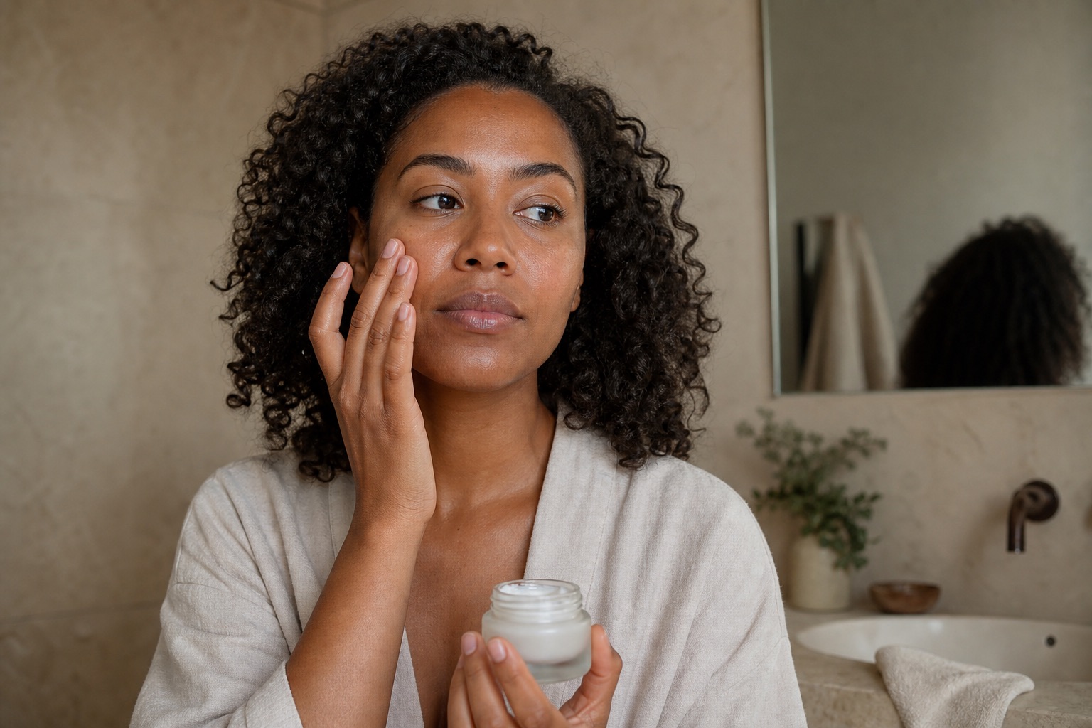 Donna adulta applica una piccola quantità di crema senza marchio sulla guancia osservando il comfort delle diverse zone del viso