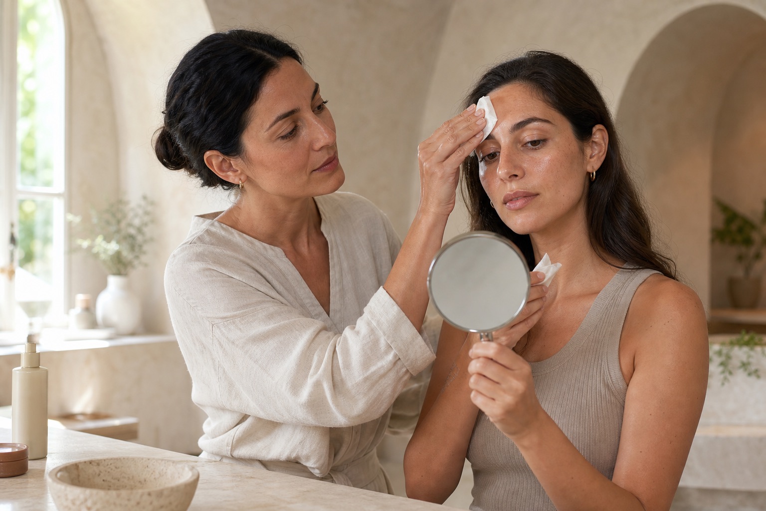 Professionista skincare osserva con una donna adulta lucidità e comfort delle diverse zone del viso in uno studio luminoso