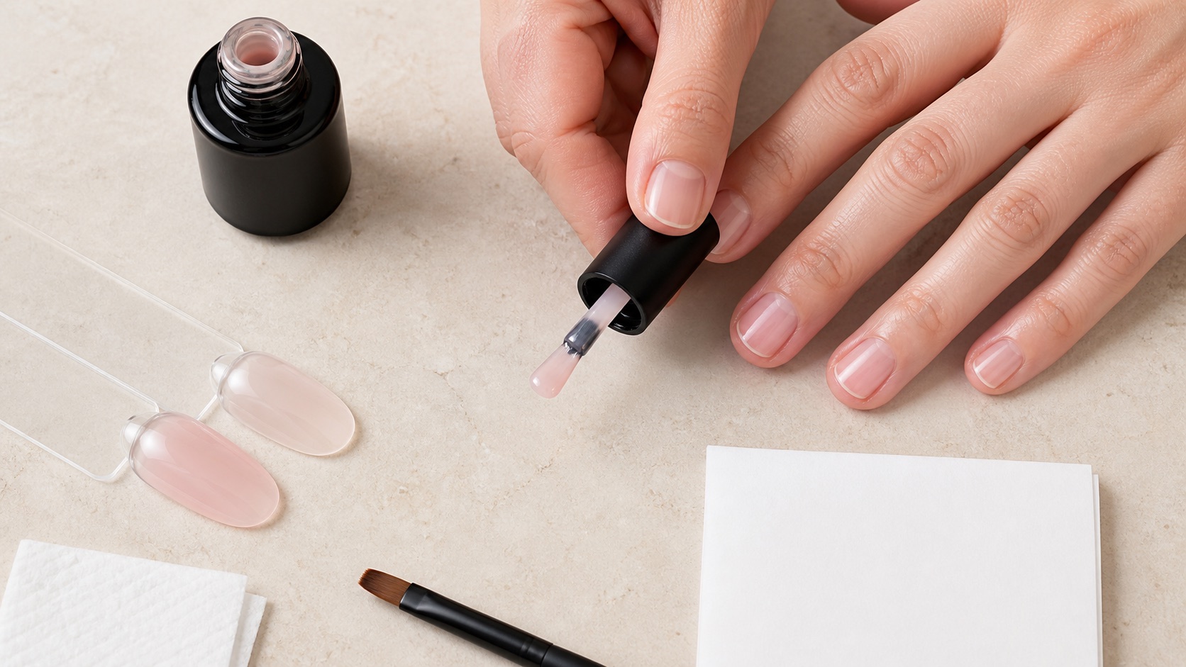 Nail technician applying a controlled levelling layer over a short natural nail without extending its length
