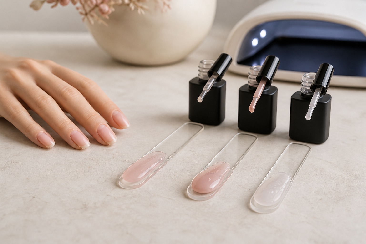 Rubber base, bottled builder gel and fibre base arranged with a brush, nude swatches and a professional UV LED lamp
