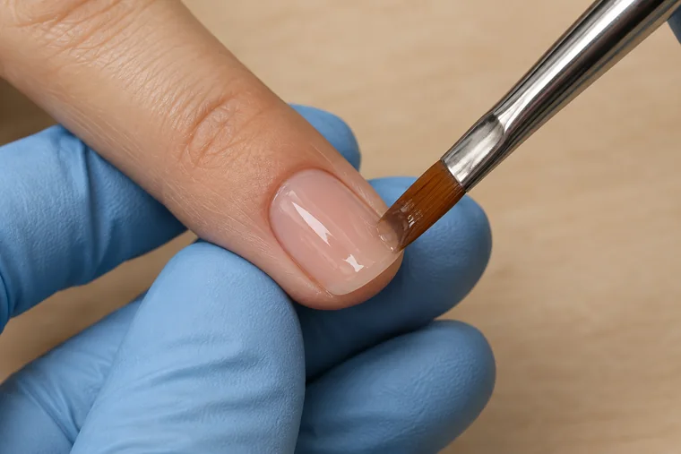 Pennello sulla lamina rivestita di gel nude, con margini liberi lungo la pelle e supporto con guanti