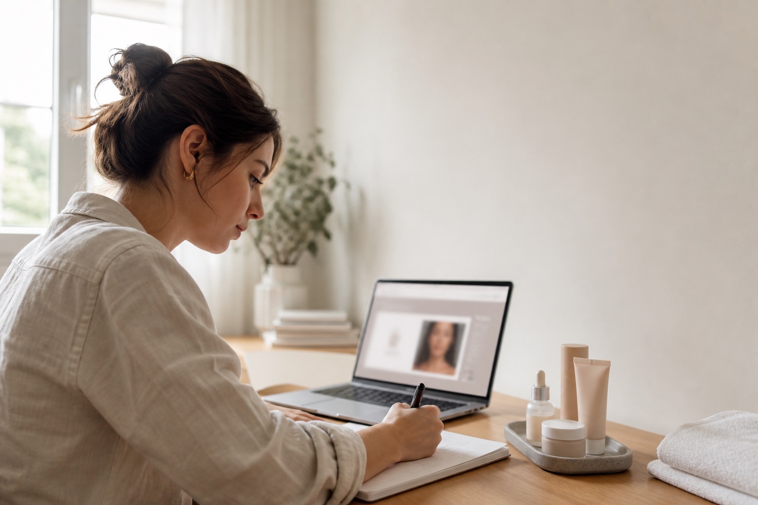 Allieva adulta studia un corso skincare online al computer prendendo appunti accanto a cosmetici senza marchio