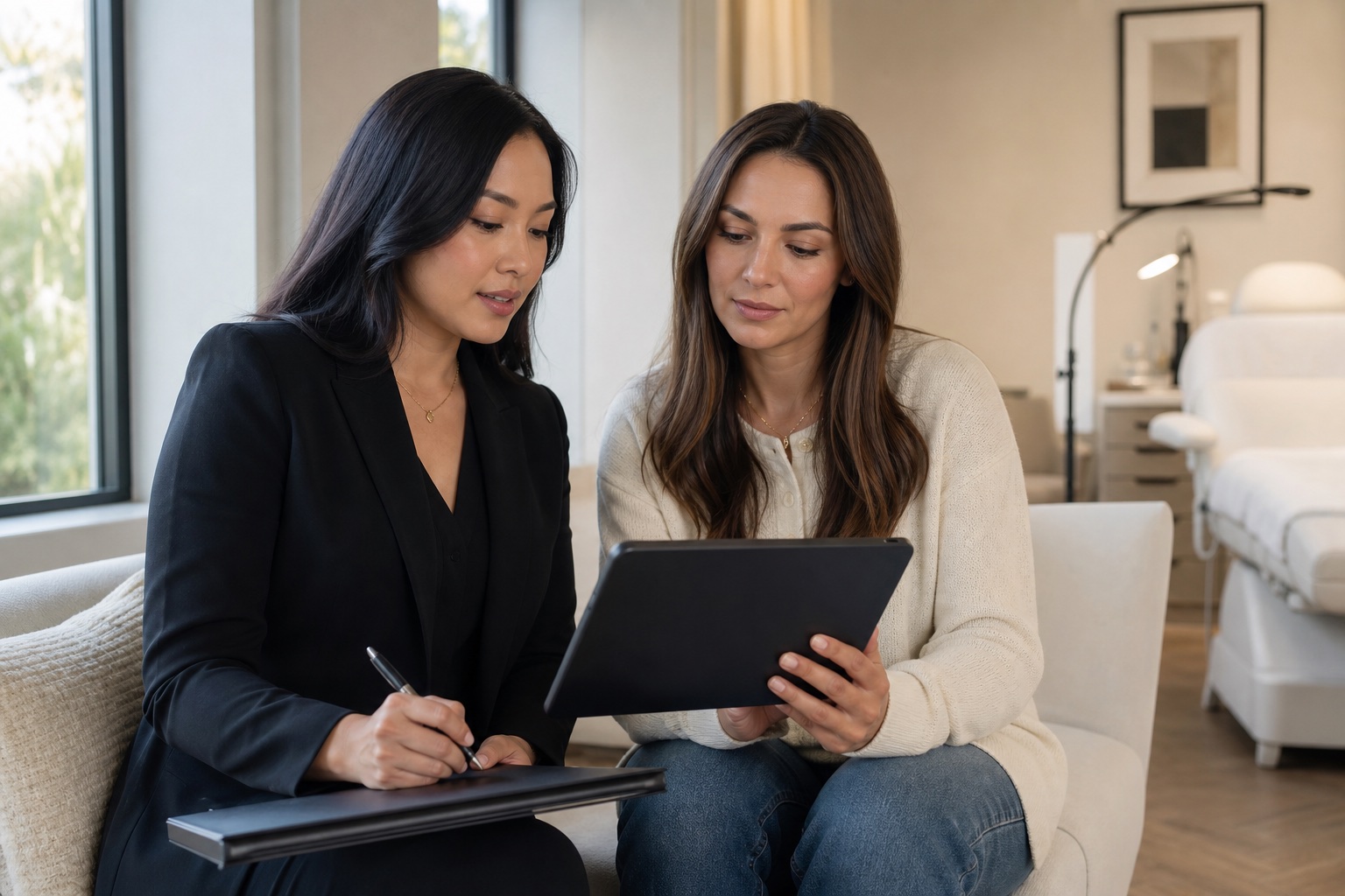Professionista lash adulta e cliente adulta rivedono insieme un record digitale su tablet con lo schermo non visibile alla fotocamera durante il follow-up