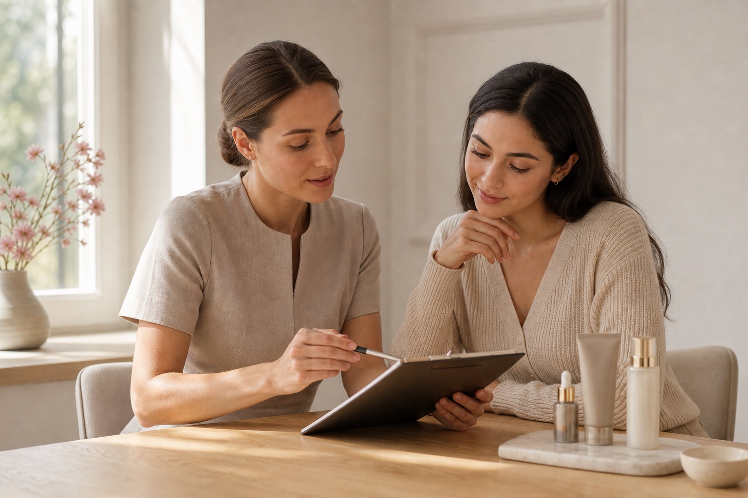 Professionista skincare e cliente adulta rivedono insieme una scheda accanto a tre cosmetici senza marchio in uno studio luminoso