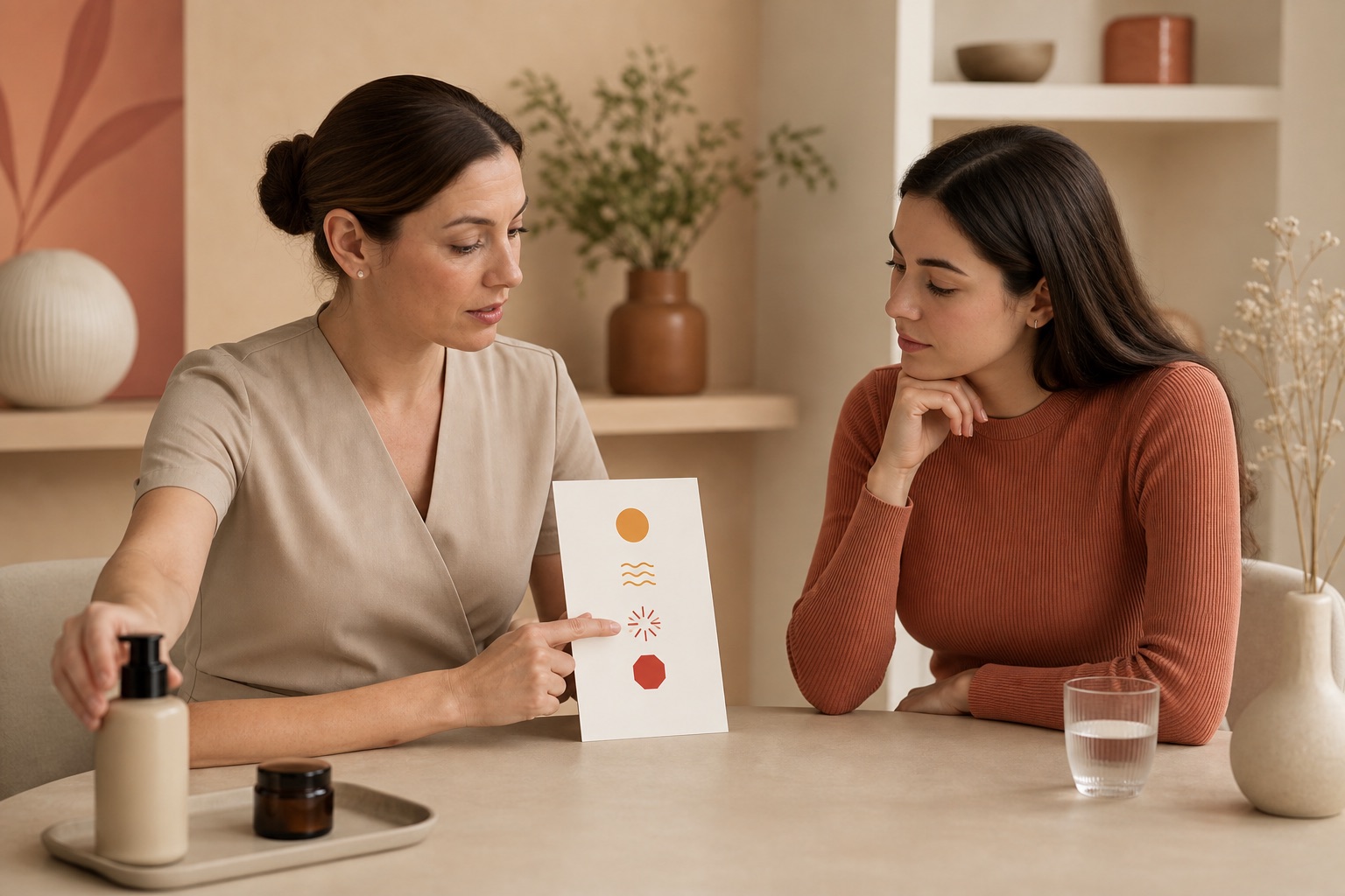Professionista skincare mette da parte un cosmetico e mostra a una cliente una scheda visiva con segnali di pausa e stop