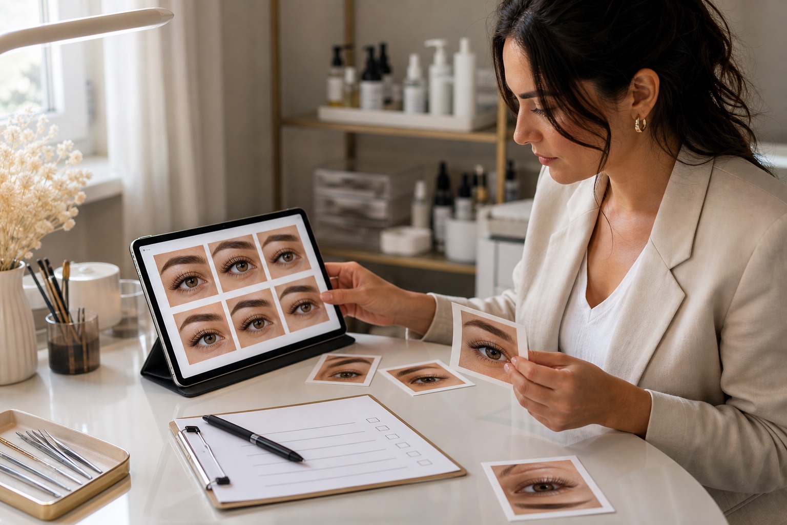 Professionista lash adulta confronta fotografie coerenti di lavori extension e laminazione per selezionare il portfolio