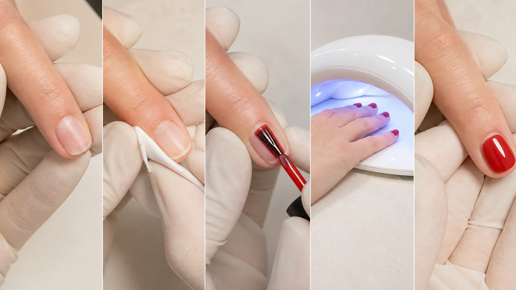 Sequenza di applicazione semipermanente con strati sottili, lampada e risultato finale rosso