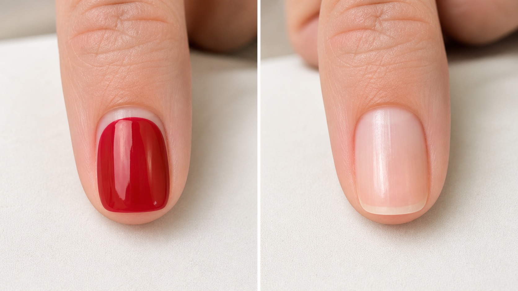 Close comparison of intact red gel polish and the natural nail after controlled removal without visible scraping damage