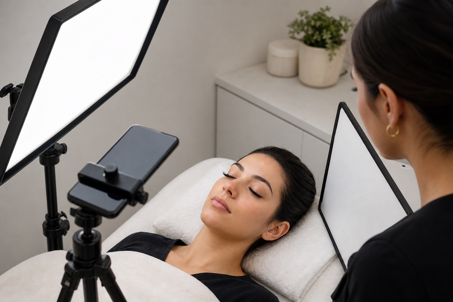 Setup fotografico per ciglia con smartphone su supporto, pannello LED diffuso e riflettore bianco