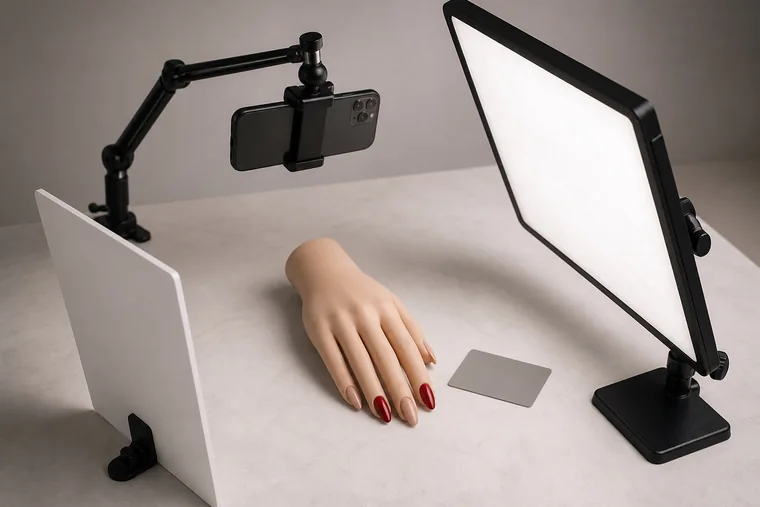 Mano da esercitazione fra pannello luminoso, riflettore bianco, smartphone su supporto e cartoncino grigio
