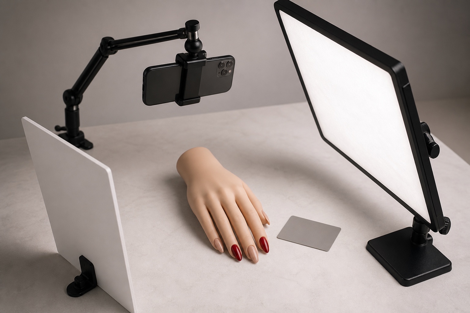 Setup per fotografare le unghie con smartphone su supporto, pannello LED diffuso, riflettore bianco e carta grigia