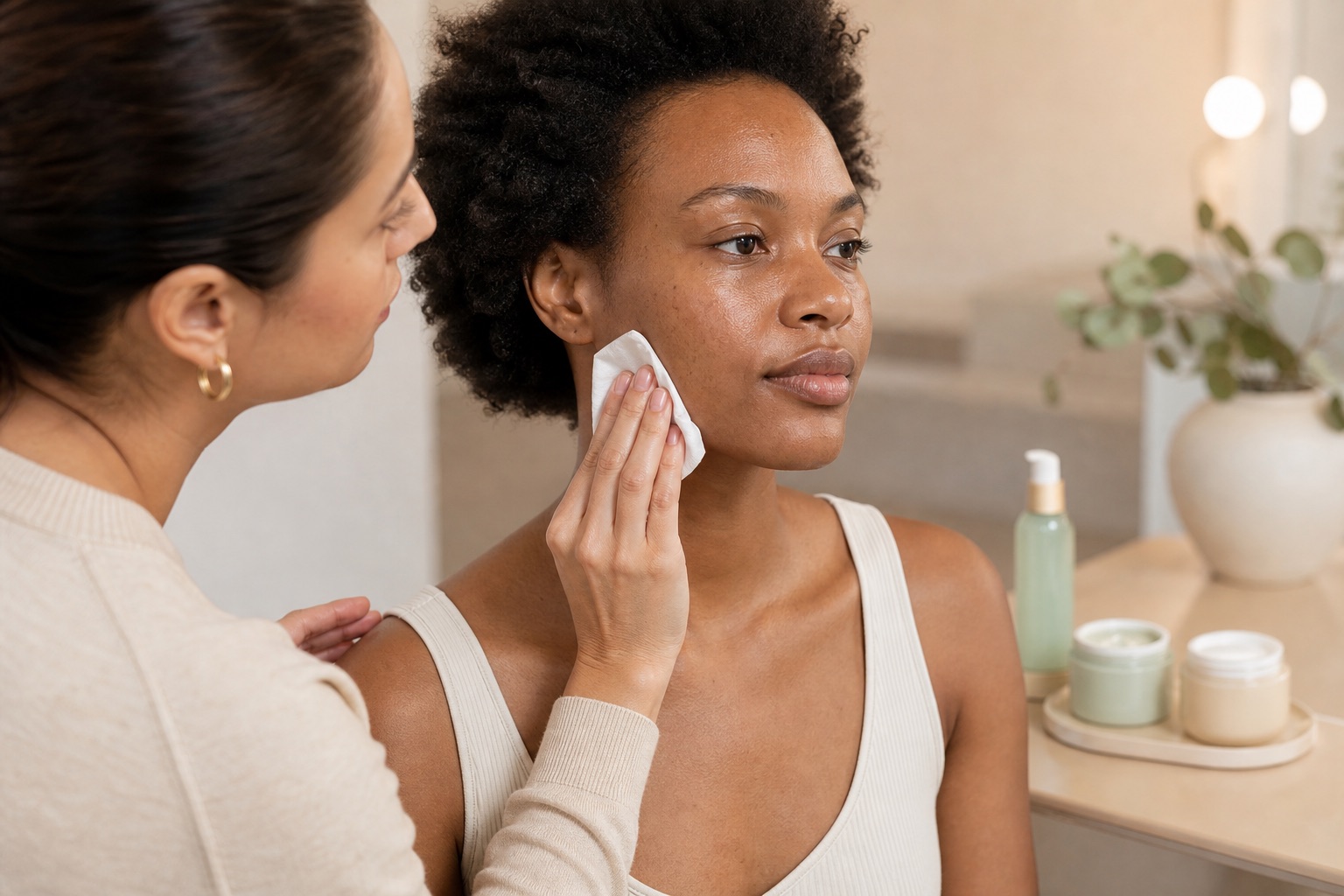 Make-up artist adulta controlla con una velina pulita l'assestamento della skincare sul viso di una modella adulta prima del fondotinta