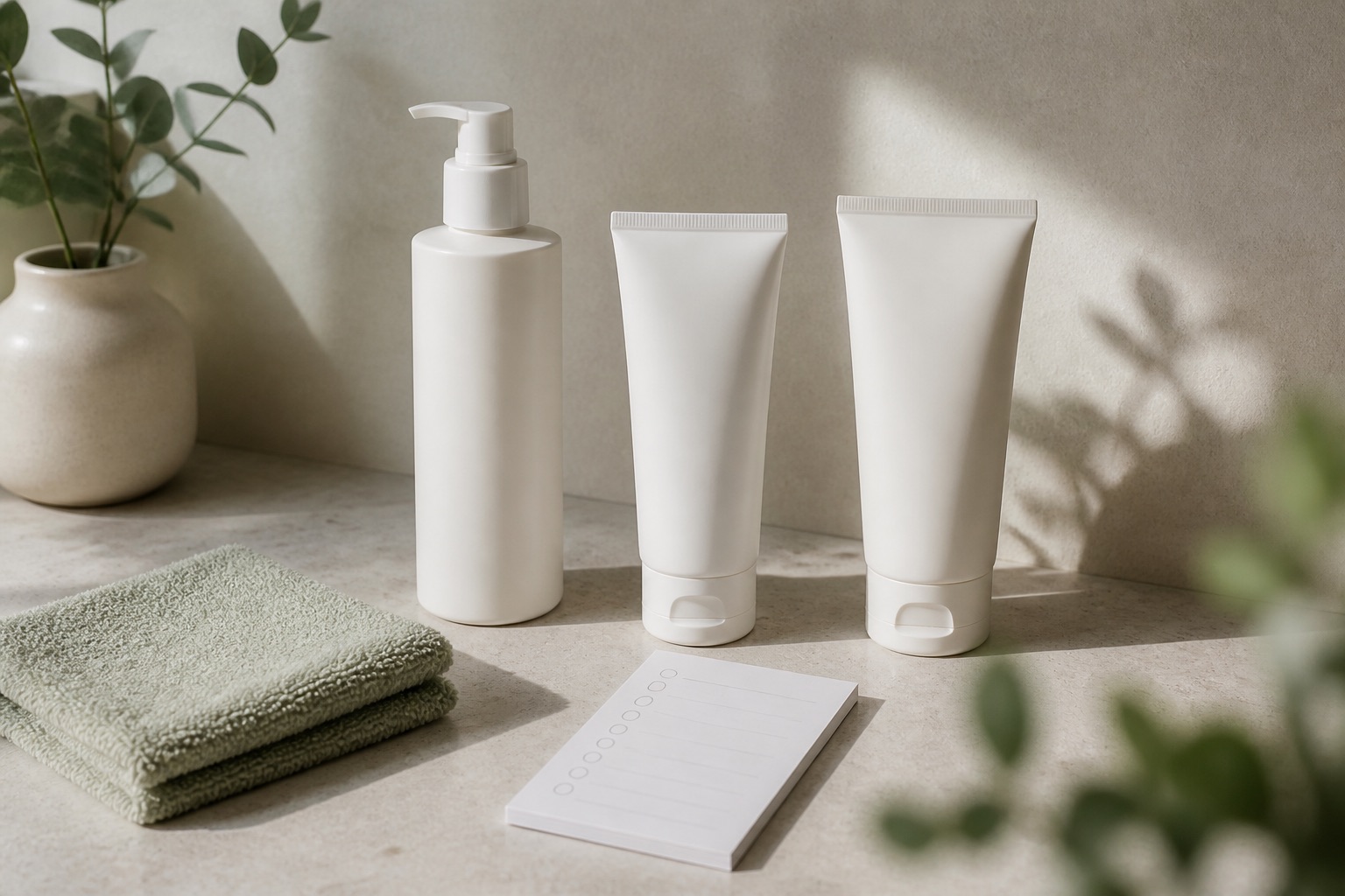 Detergente, idratante e protezione solare senza marchio accanto a un panno pulito e una scheda di routine