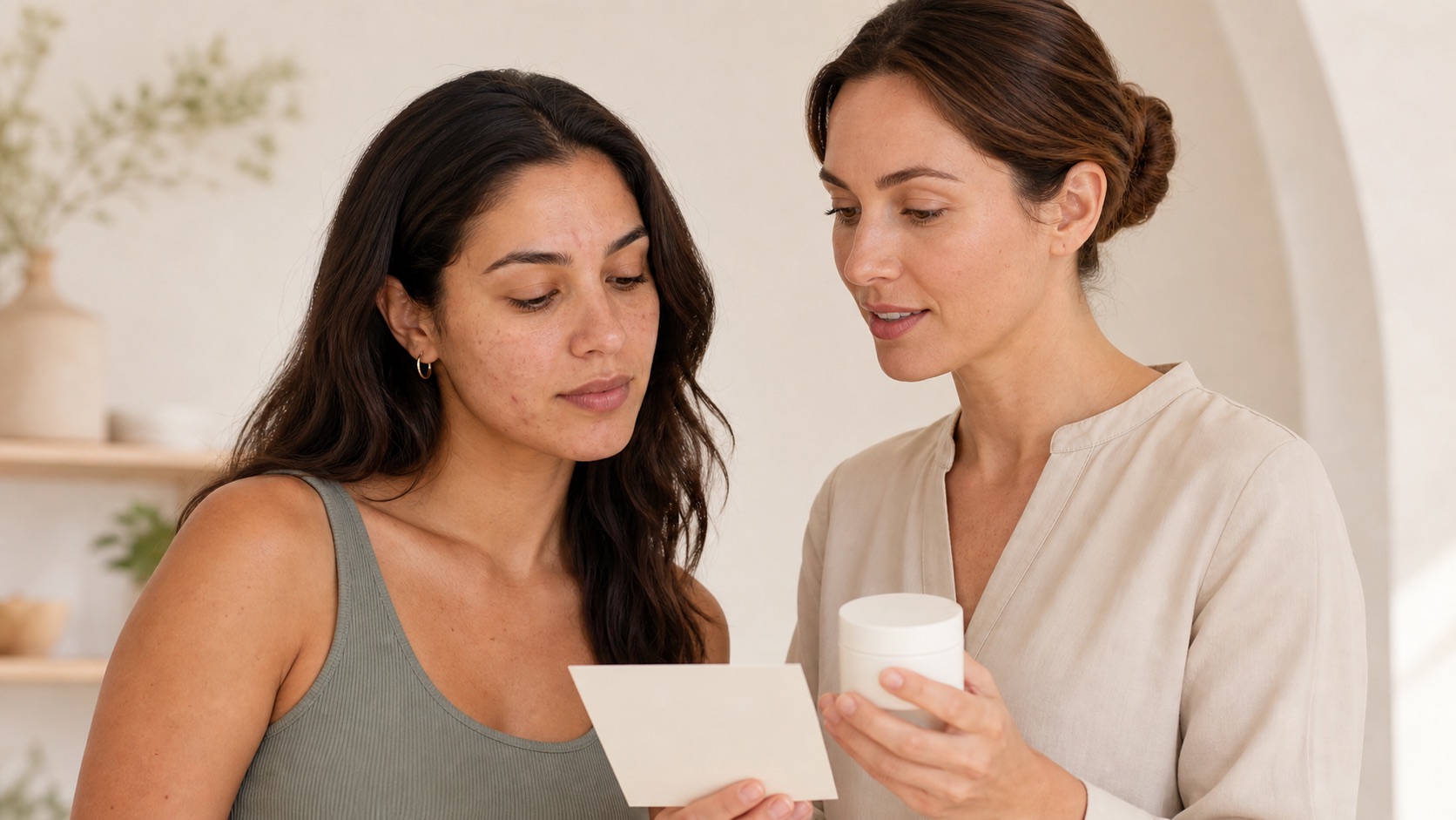 Professionista skincare e donna adulta con lievi segni acneici osservano una scheda routine e un prodotto senza marchio