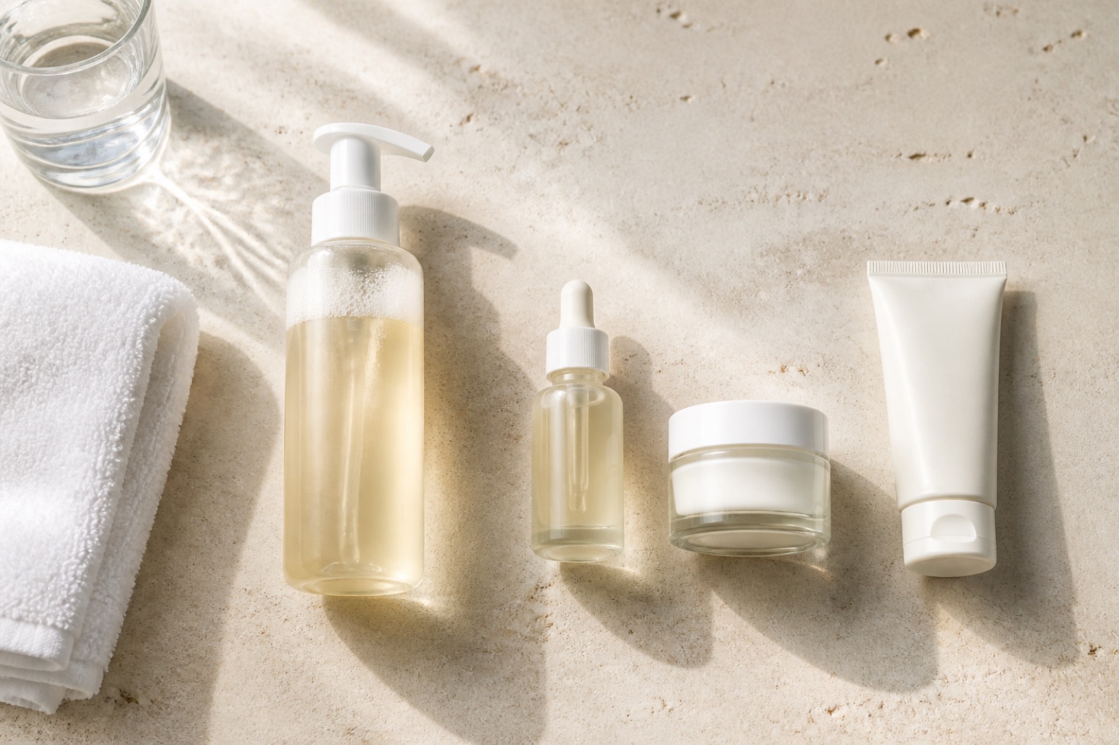 Detergente, siero, crema idratante e protezione solare senza marchio disposti in ordine su una superficie chiara