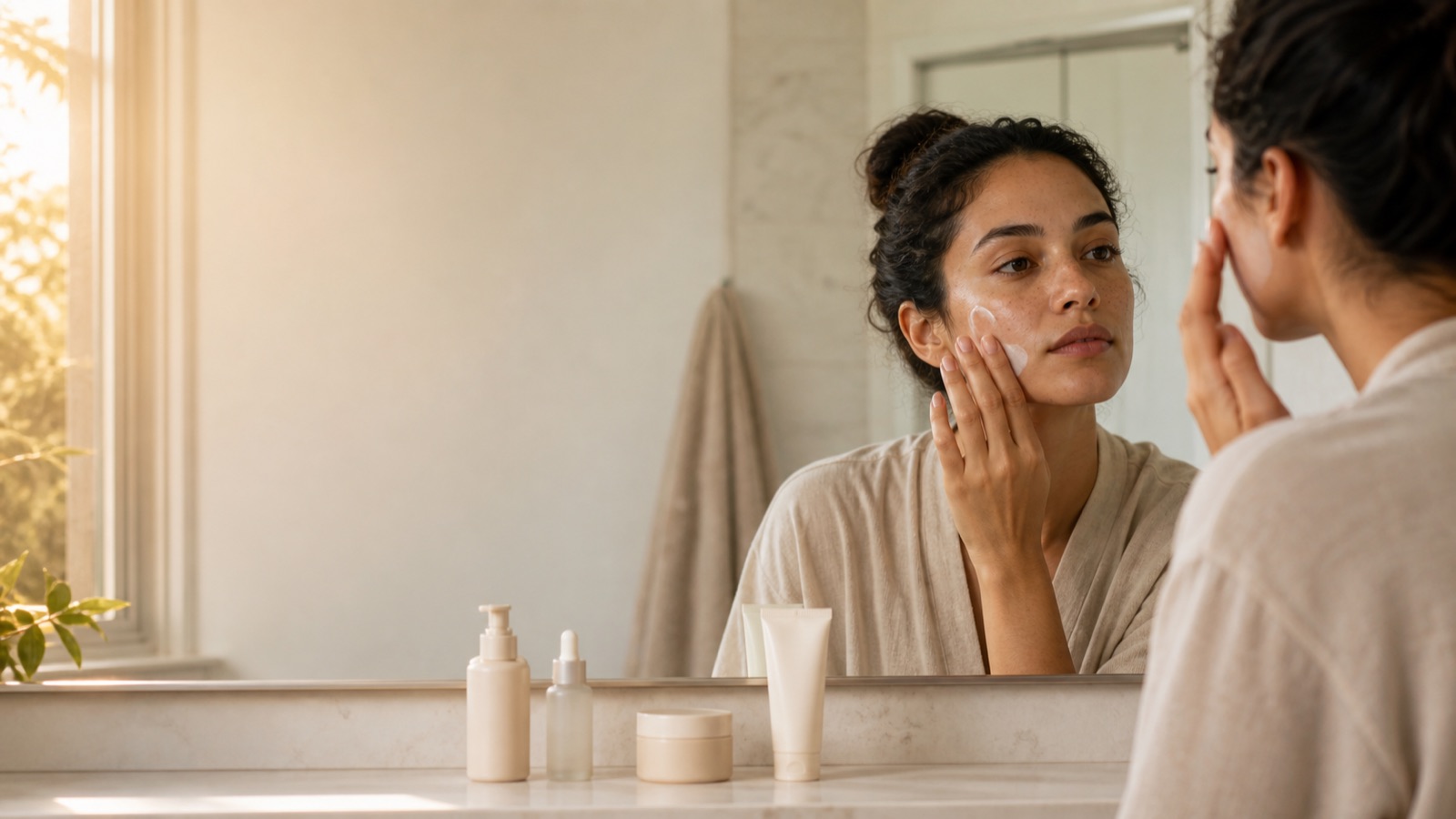 Donna adulta applica una crema idratante davanti allo specchio con detergente, siero, crema e protezione solare sul lavabo