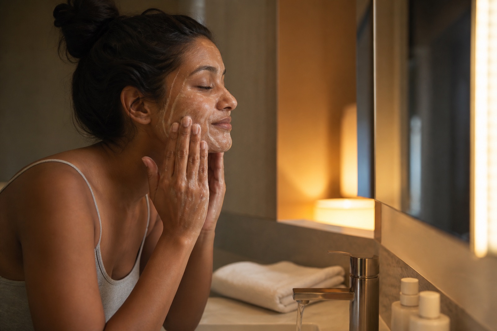 Persona adulta deterge delicatamente il viso con entrambe le mani davanti al lavabo in luce serale