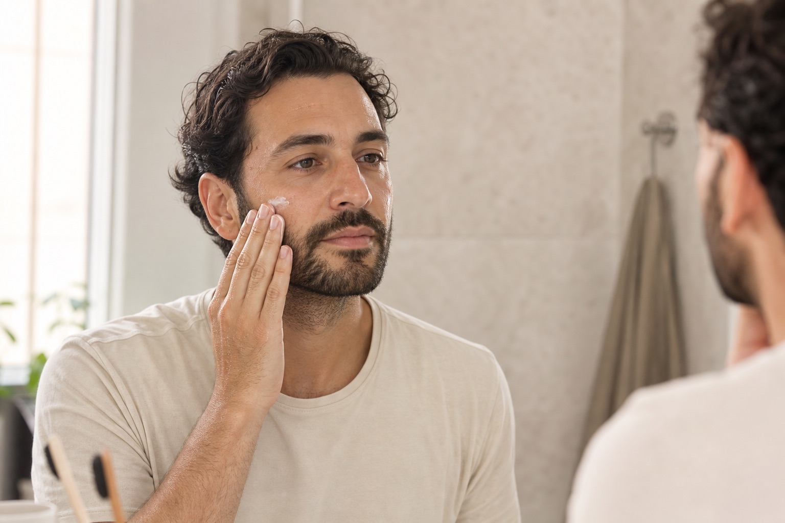 Uomo adulto con barba corta applica un idratante sul viso davanti allo specchio dopo la detersione
