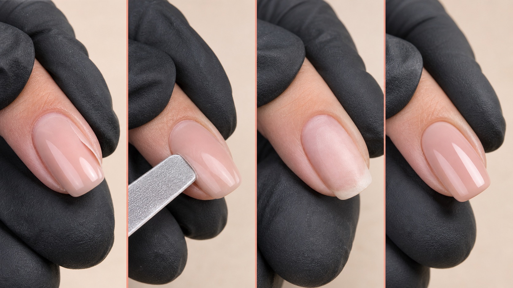 Professional sequence for locating and removing lifted nail enhancement until only stable material remains