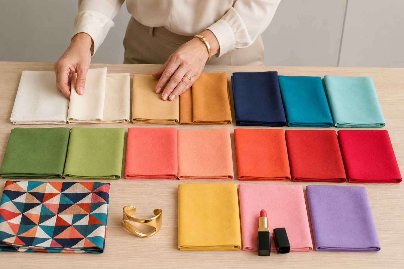 Professional Spring capsule palette with warm ivory, camel, warm navy, turquoise, aqua, green, coral, red, yellow, pink, violet and gold