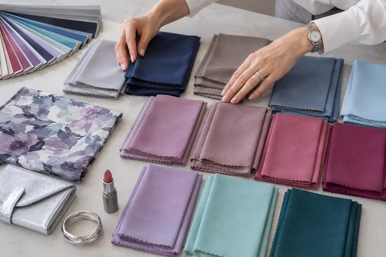 Navy, gray, mauve, berry and blue fabric swatches arranged with a floral print, lipstick and silver accessories.