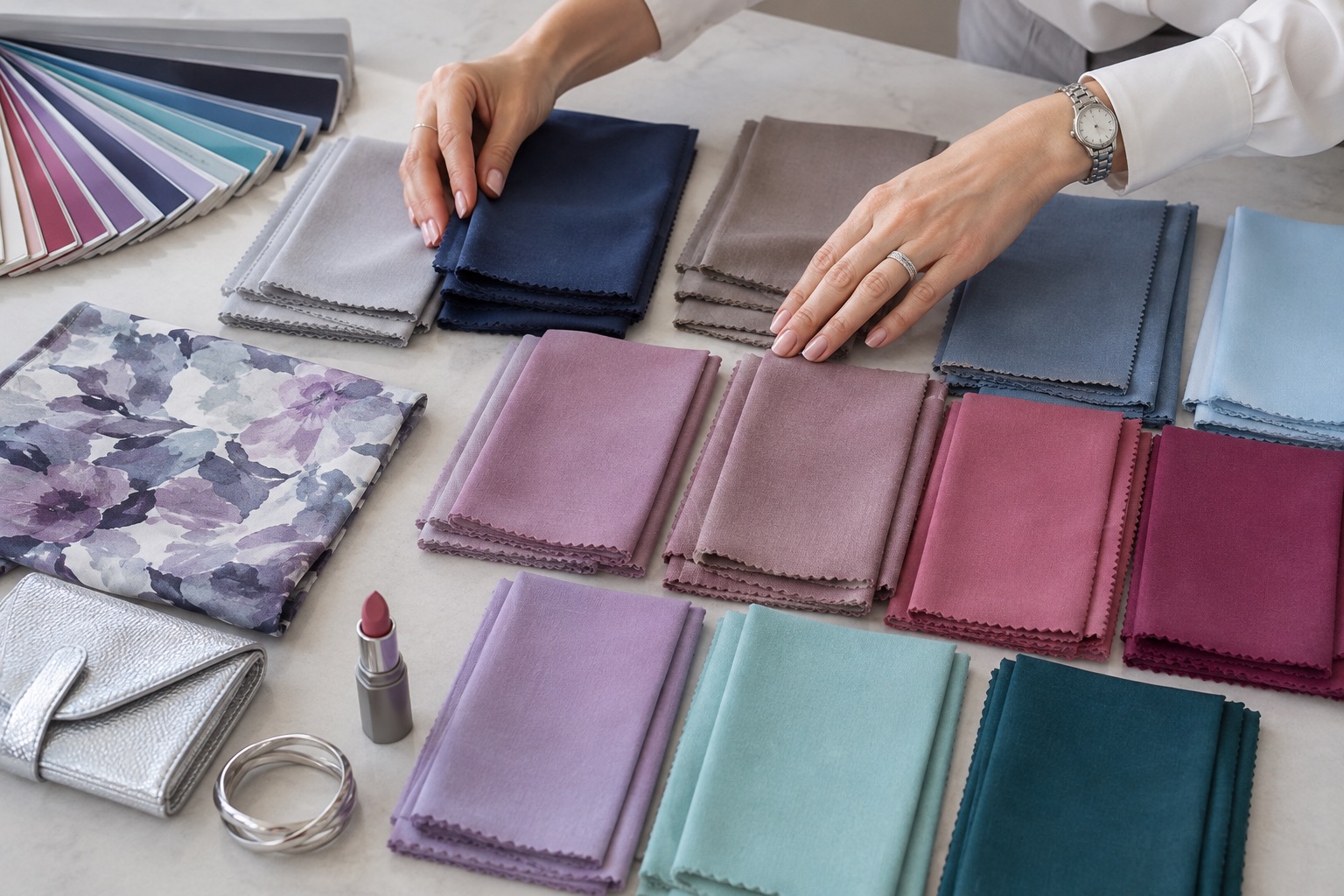 Summer capsule palette groups dove grey, soft navy, cool taupe, muted blues, mauves, dusty roses, berry, seafoam and silver accessories on a neutral table